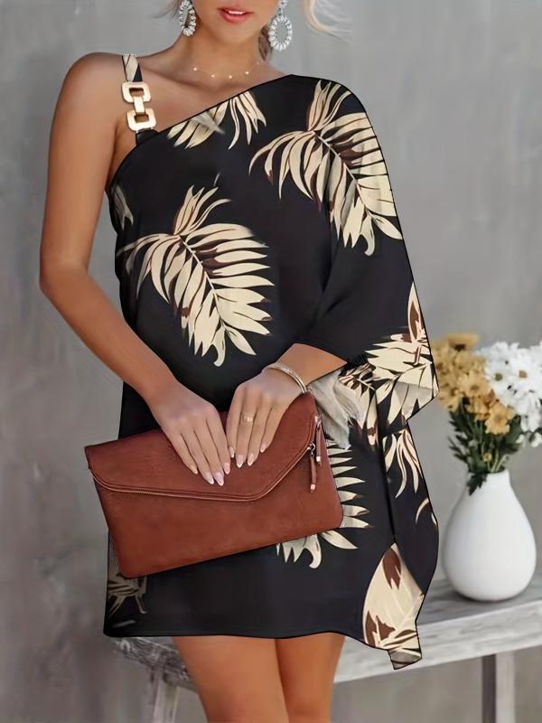 Floral Print Asymmetrical Dress Chain Mini Dress Women's Clothing
