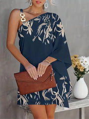 Floral Print Asymmetrical Dress Chain Mini Dress Women's Clothing