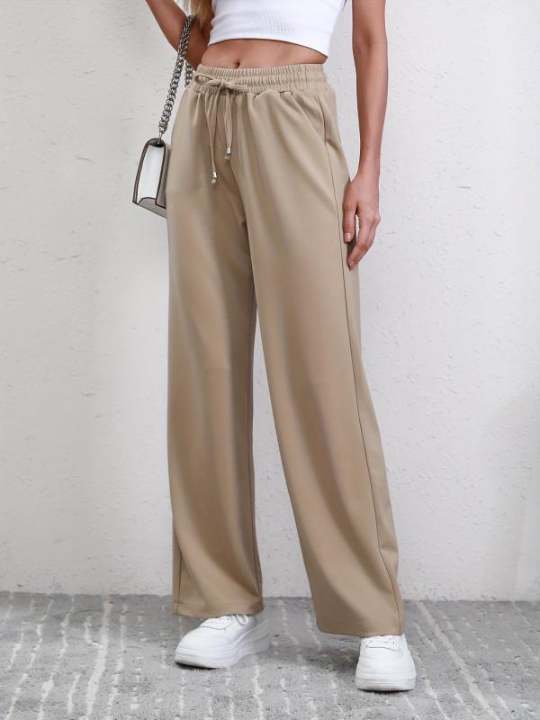 Drawstring Waist Straight Leg Pants High Waist Casual