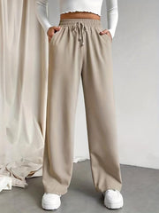 Drawstring Waist Straight Leg Pants High Waist Casual