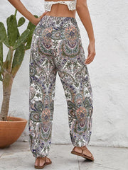 Ethnic Floral Print Pants Casual Shirred Long Length