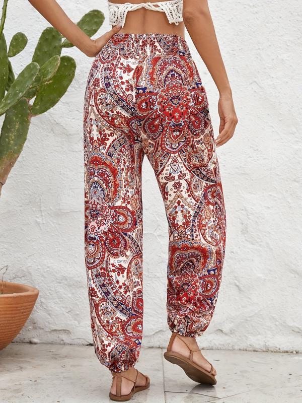 Ethnic Floral Print Pants Casual Shirred Long Length