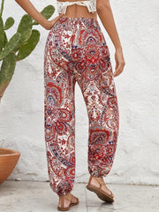 Ethnic Floral Print Pants Casual Shirred Long Length