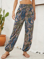 Ethnic Floral Print Pants Casual Shirred Long Length