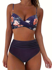 Floral Print Twist Spaghetti Straps Bikini High Waist Ruched 2 Piece Set