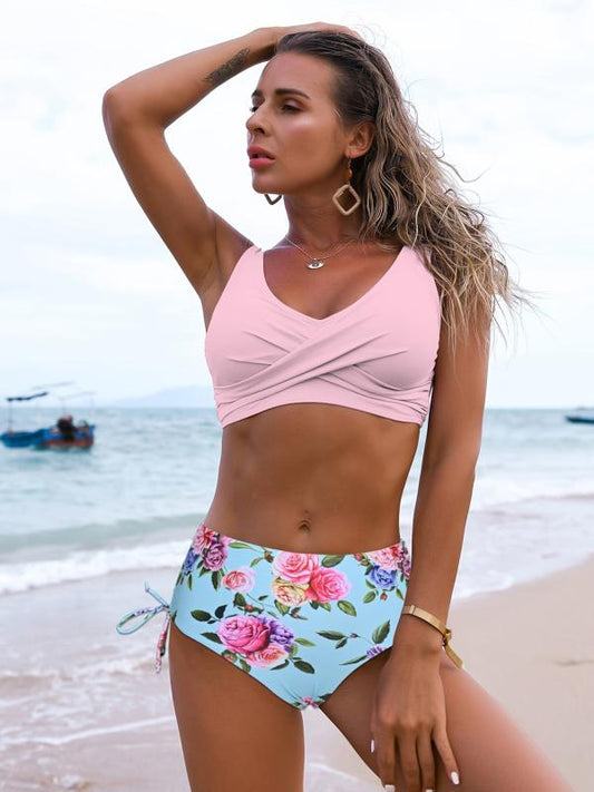 Print Bikini Set V Neck Layer Bra Tie Side High Cut Beachwear 2 Pieces Swimsuit