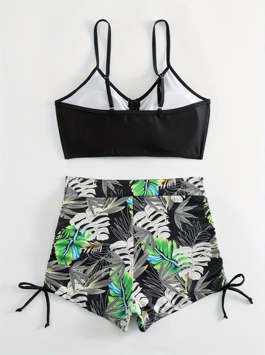 Tropical Leaf Print Bikini Set High Waist Two Piece Swimsuit