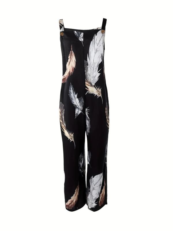 Feather Print Tank Jumpsuit Sleeveless Casual Jumpsuit