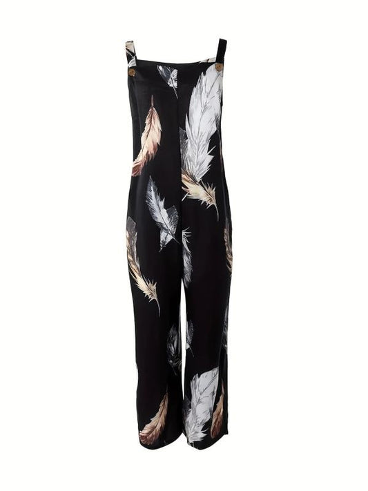 Feather Print Tank Jumpsuit Sleeveless Casual Jumpsuit