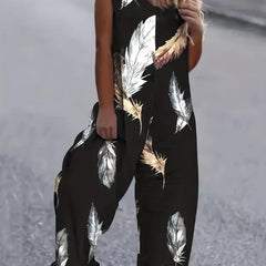 Feather Print Tank Jumpsuit Sleeveless Casual Jumpsuit