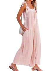 Casual Square Neck Sleeveless Jumpsuit Wide Leg Tie Pockets