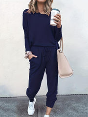 Casual Two-piece Set Long Sleeve T-shirt & Drawstring Pants Outfit