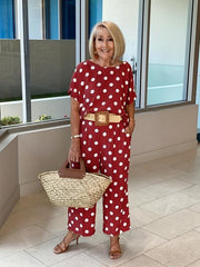 Polka Dot Two piece Set Short Sleeve T shirt & High Waist Elastic Pants
