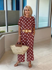 Polka Dot Two piece Set Short Sleeve T shirt & High Waist Elastic Pants