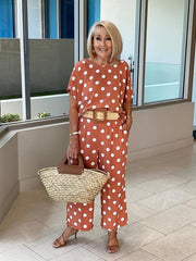 Polka Dot Two piece Set Short Sleeve T shirt & High Waist Elastic Pants