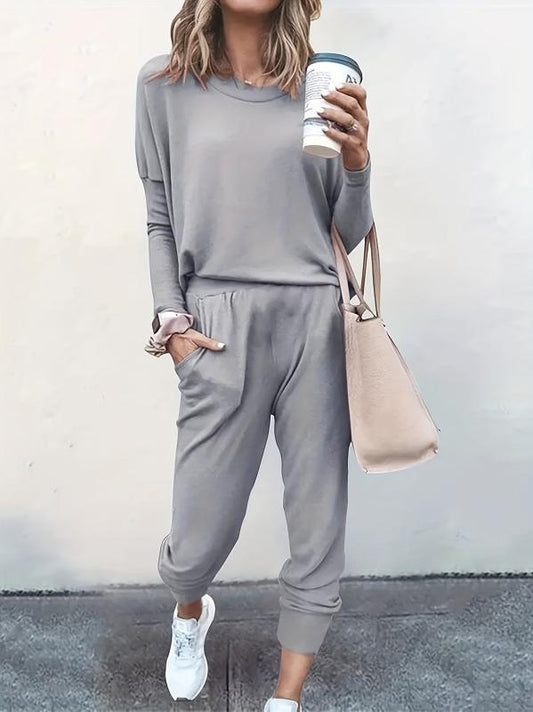 Casual Sporty 2pcs Set Long Sleeve Top & High Waist Pants