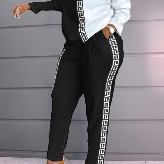 Casual 2pcs Set Block Top & High Waist Pants Women's Clothing