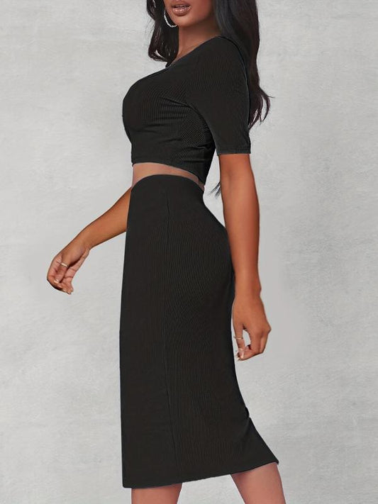 Square Neck Crop Top & Split Bodycon Skirt Set