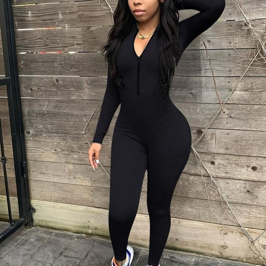 Solid Skinny Zip Up Jumpsuit Casual Long Sleeve Stretchy Jumpsuit