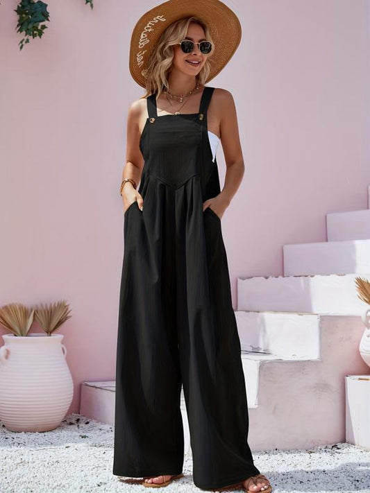 Wide Leg Overall Jumpsuit Casual Button Front Suspender Jumpsuit