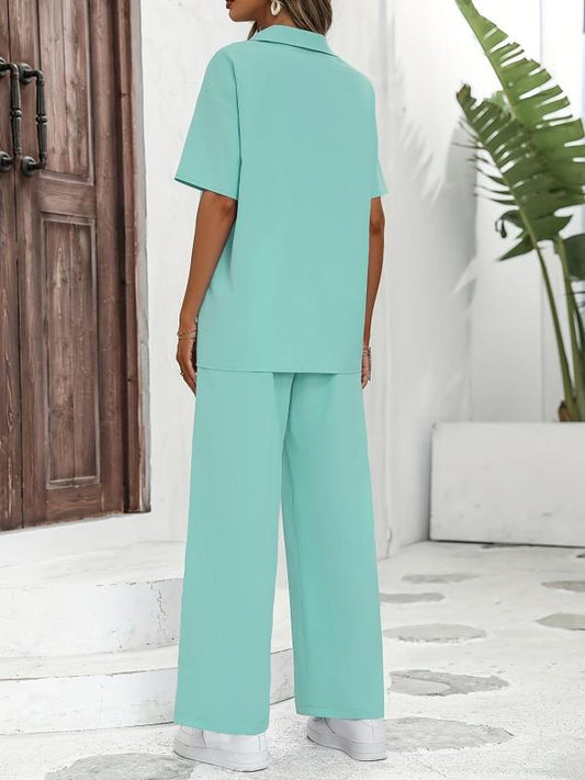 Casual Two Piece Set Short Sleeve Blouse & Wide Leg Pants Outfits