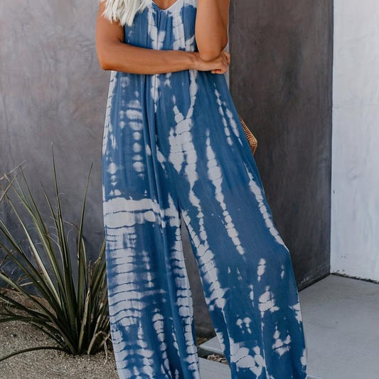 Boho Tie Dye Print Cami Jumpsuit V Neck Loose Casual Jumpsuit