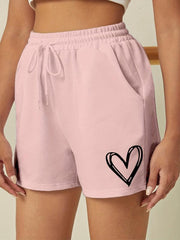 Heart Print Drawstring Shorts Solid Sports Casual Shorts Women's Clothing