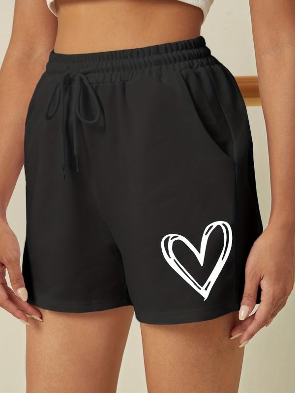 Heart Print Drawstring Shorts Solid Sports Casual Shorts Women's Clothing