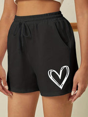 Heart Print Drawstring Shorts Solid Sports Casual Shorts Women's Clothing