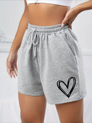Heart Print Drawstring Shorts Solid Sports Casual Shorts Women's Clothing