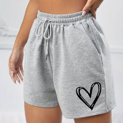 Heart Print Drawstring Shorts Solid Sports Casual Shorts Women's Clothing