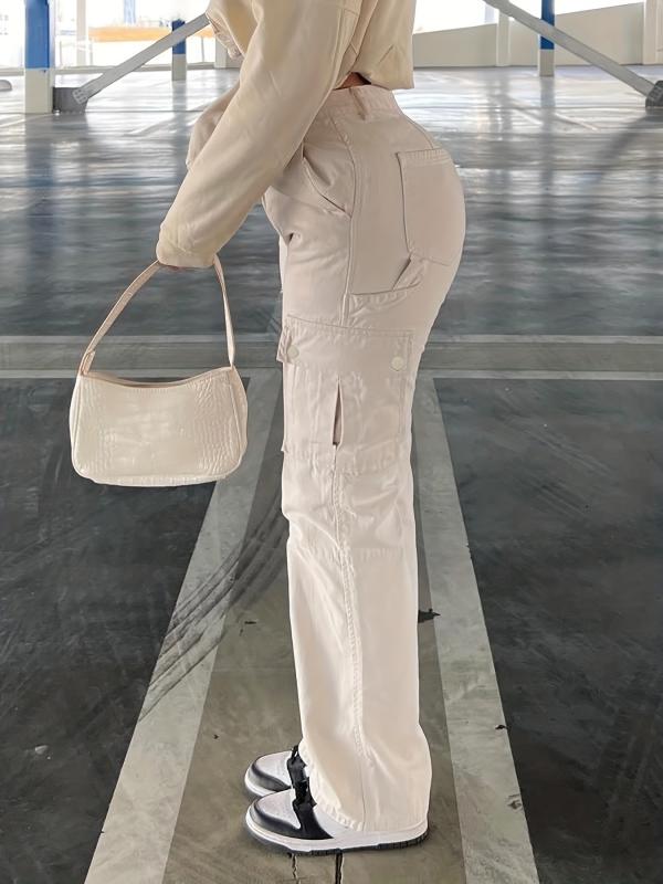 Flap Pockets High Waist Cargo Pants High Rise Straight Legs Denim Pants