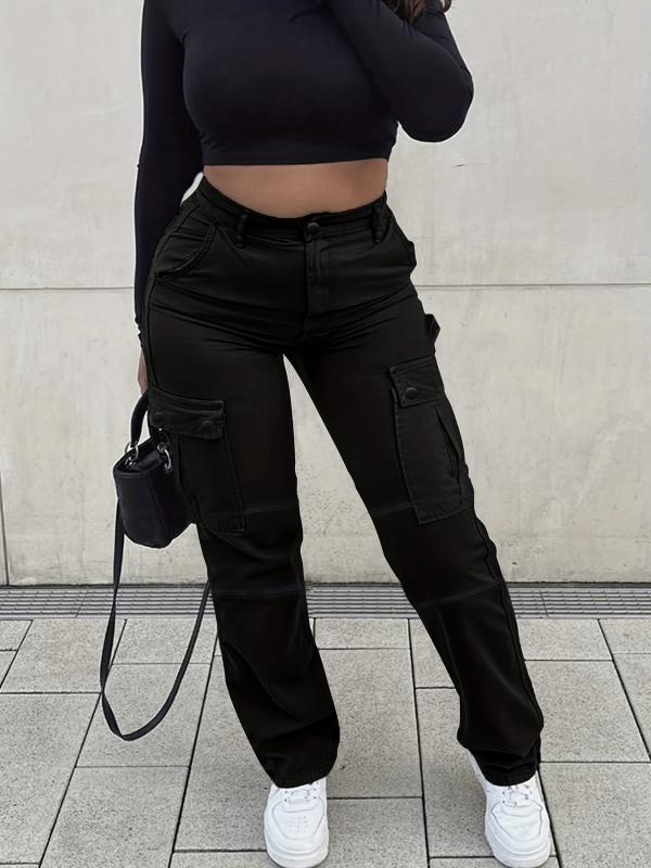 Flap Pockets High Waist Cargo Pants High Rise Straight Legs Denim Pants