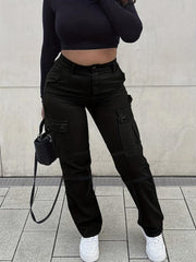 Flap Pockets High Waist Cargo Pants High Rise Straight Legs Denim Pants