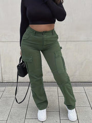 Flap Pockets High Waist Cargo Pants High Rise Straight Legs Denim Pants