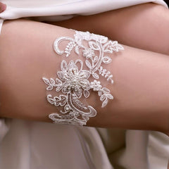 Floral Lace Garter Belt with Faux Pearl Decor