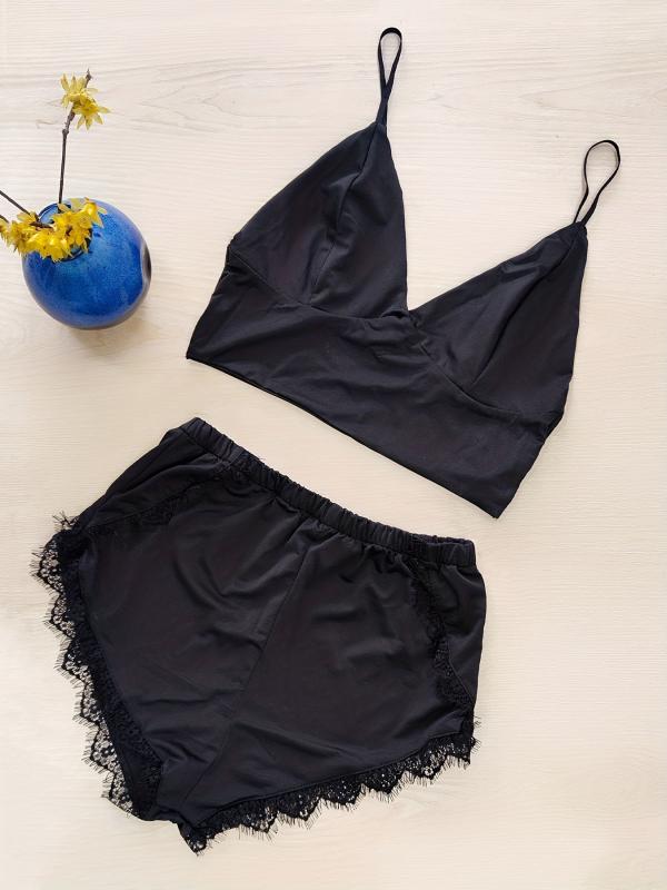 Satin Sexy Pajama Set Triangle Cup Lingerie Cami Top & Lace Trim Shorts