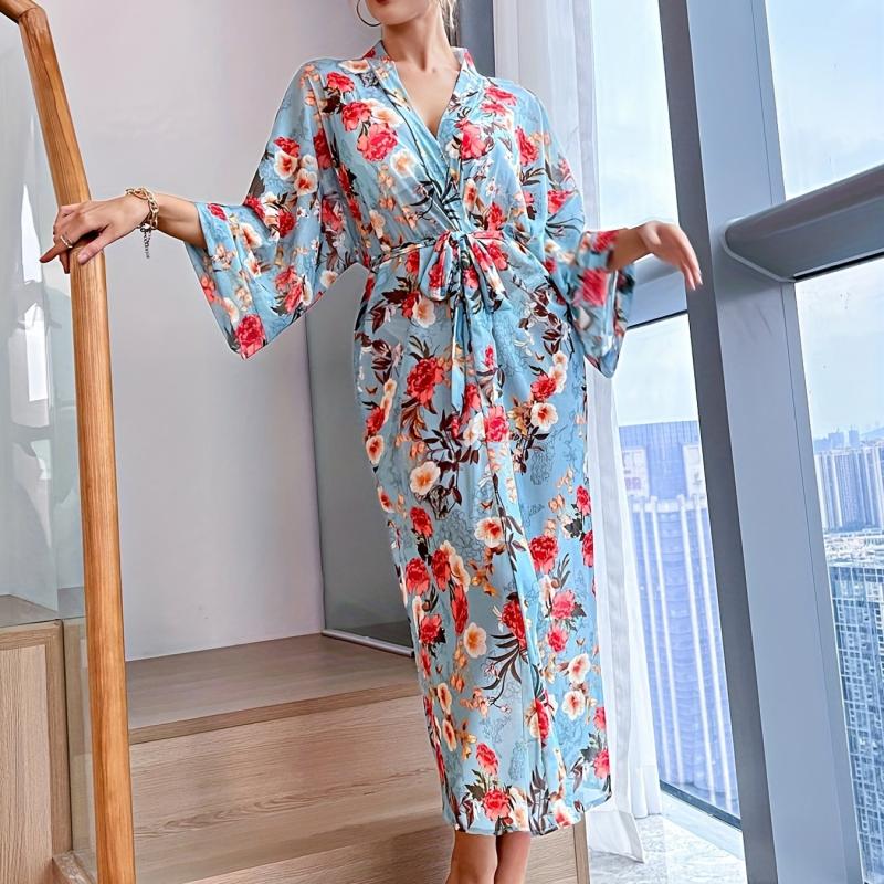Floral Mesh Night Robe V Neck Long Sleeve Belted Sexy Lingerie
