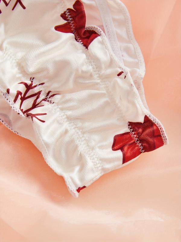 Xmas Print Lingerie Set Ruffle Crop Top & Panties Sexy Women's Underwear