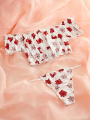 Xmas Print Lingerie Set Ruffle Crop Top & Panties Sexy Women's Underwear