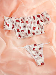 Xmas Print Lingerie Set Ruffle Crop Top & Panties Sexy Women's Underwear