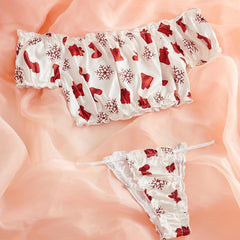 Xmas Print Lingerie Set Ruffle Crop Top & Panties Sexy Women's Underwear