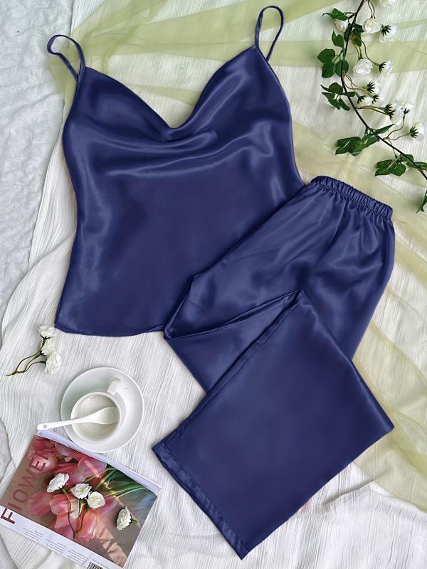 Satin Pajama Set V Neck Cami Top & Pants Women's Sleepwear