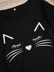 3pcs Cat & Heart Print Pajama Set Women's Loungewear Sleepwear