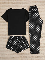 3pcs Cat & Heart Print Pajama Set Women's Loungewear Sleepwear
