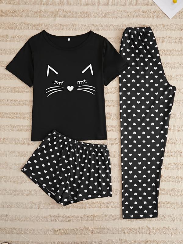 3pcs Cat & Heart Print Pajama Set Women's Loungewear Sleepwear