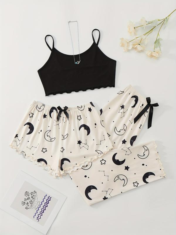 Summer Star Moon Print Pajamas Set Sleeveless Top & Shorts & Pant