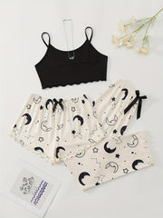 Summer Star Moon Print Pajamas Set Sleeveless Top & Shorts & Pant