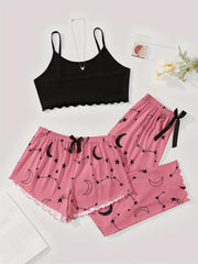 Summer Star Moon Print Pajamas Set Sleeveless Top & Shorts & Pant