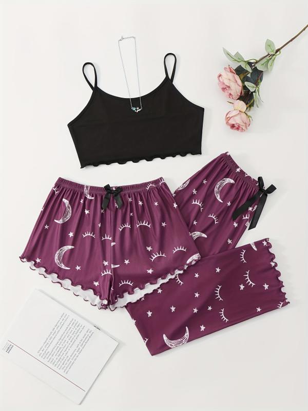 Summer Star Moon Print Pajamas Set Sleeveless Top & Shorts & Pant